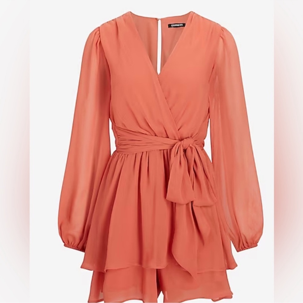 Express Orange Ruffled Jumpsuit Romper Tie Waist Belt Shorts Long Sleeve XS